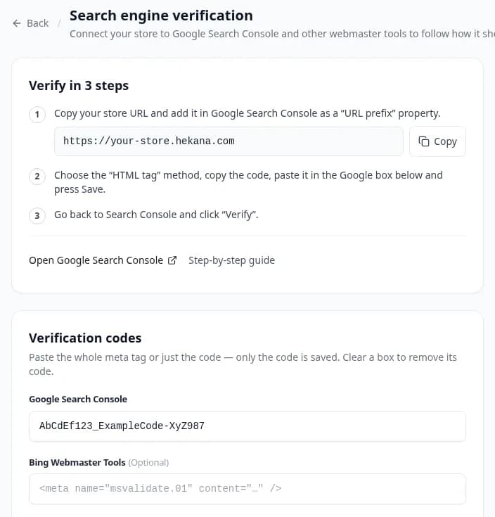 The Search engine verification page in the Hekana dashboard