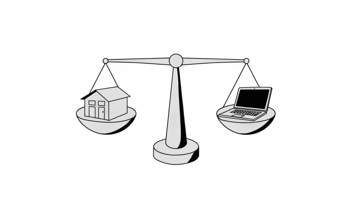 Line drawing of a level balance scale with a shop on one side and a laptop on the other
