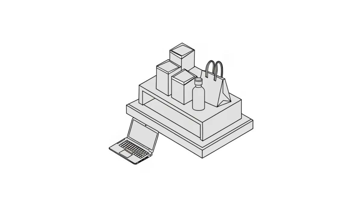 Line drawing of a display shelf with products and an open laptop beside it