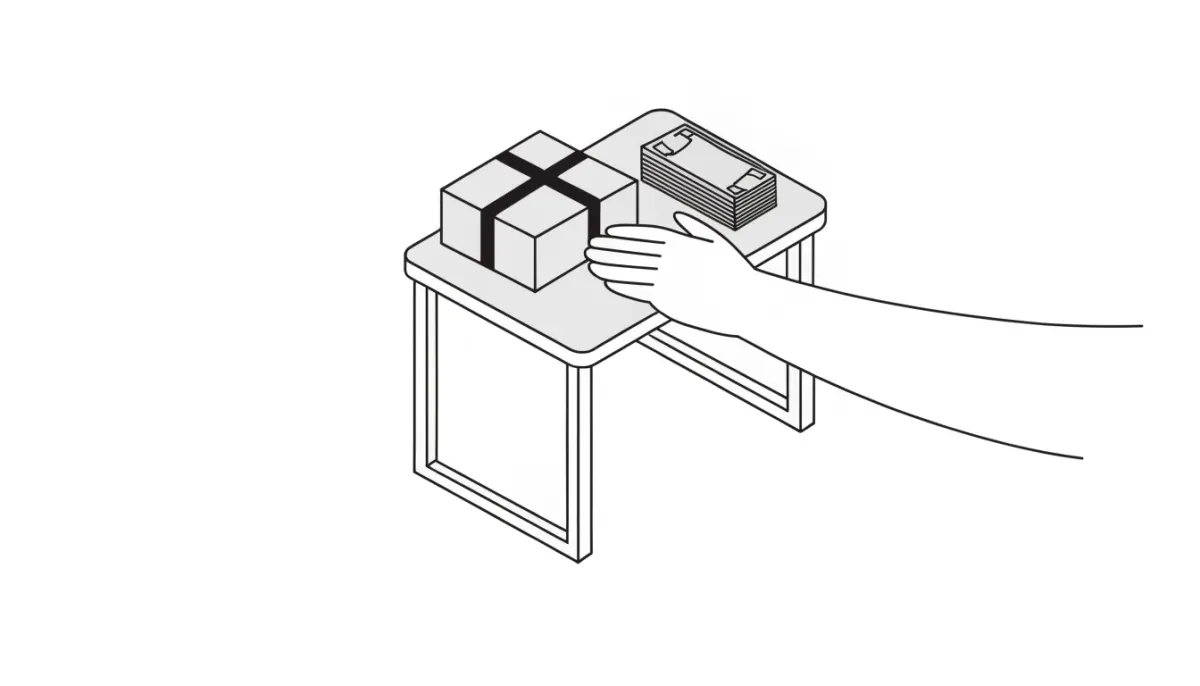 Line drawing of a hand handing over a parcel next to a stack of banknotes