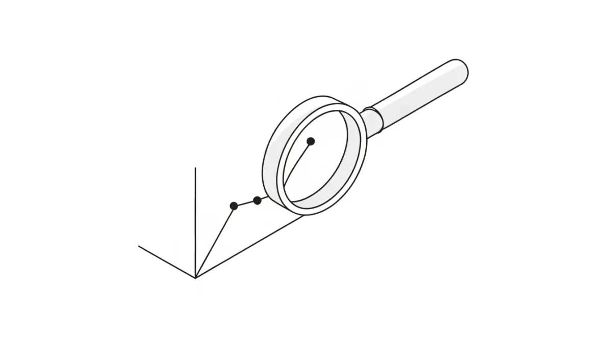 Line drawing of a magnifying glass over a rising line chart