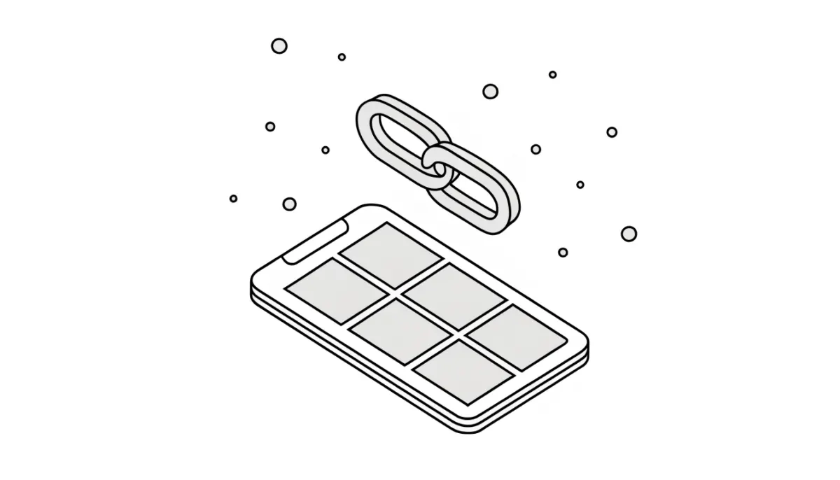 Line drawing of a phone showing a grid of photos with a link symbol above it