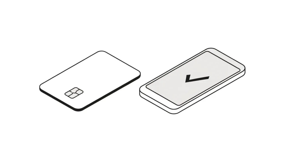 Line drawing of a payment card next to a phone with a check mark on its screen