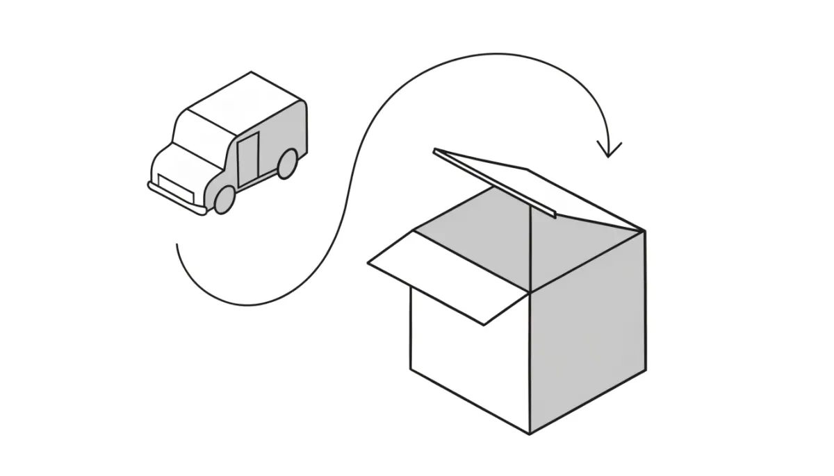 Line drawing of an open parcel with a curved arrow returning it to a delivery van