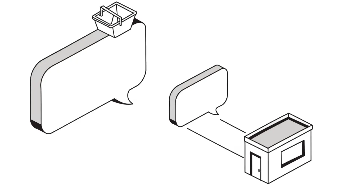 Line drawing of two chat bubbles, one holding a shopping basket, linked to a small shop