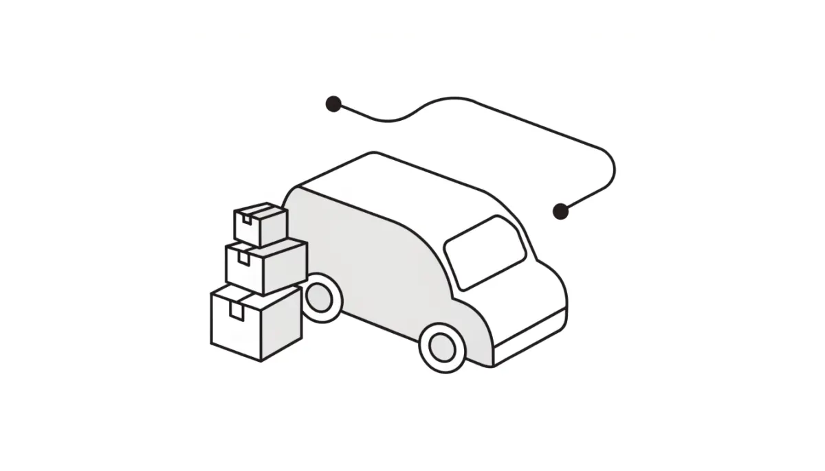 Line drawing of a delivery van beside three parcels with a route line between two points