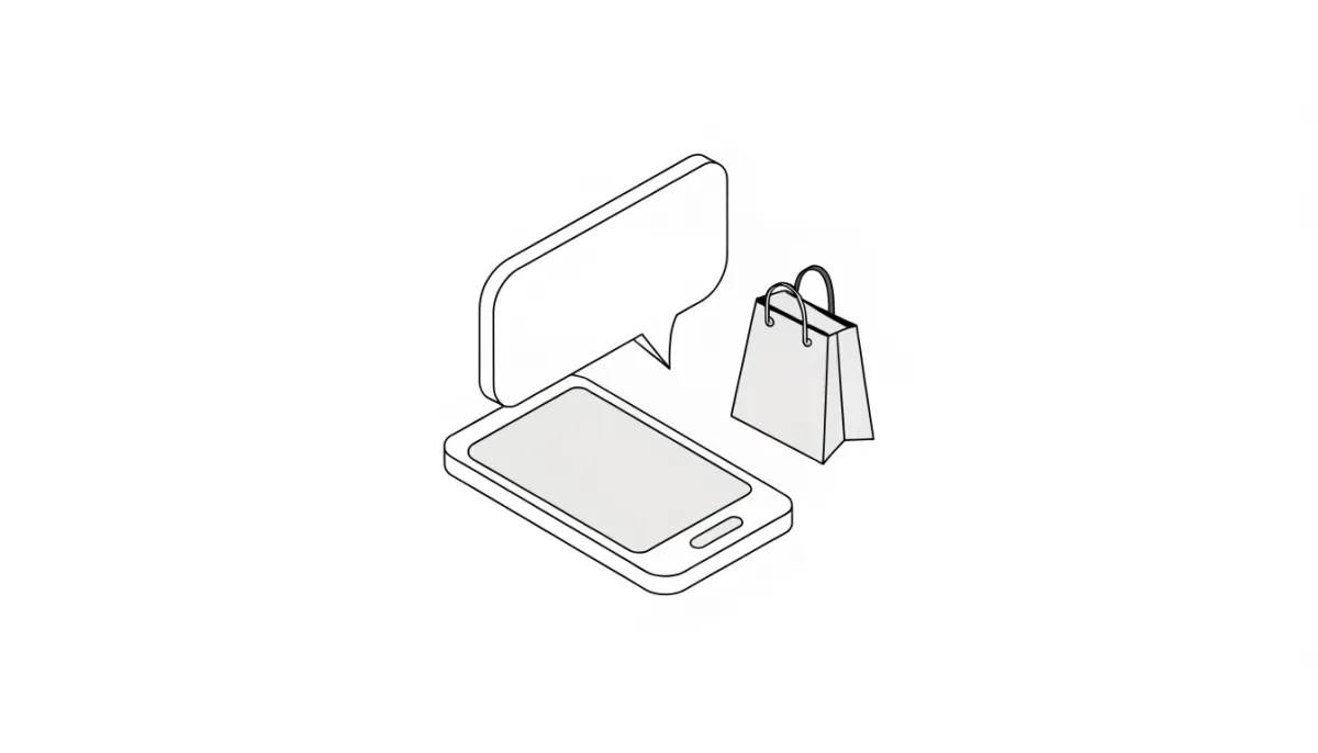 Line drawing of a phone with a chat bubble above it and a shopping bag beside it